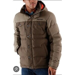 Marmot Fordham 700 Fill Down Tan Brown Zip Up Hooded Fleece Cuff Puffer Coat XXL
